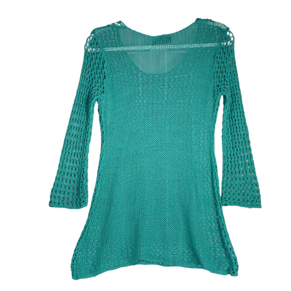 Wooden Ships Tunic Pullover Sweater Womens Small Green Open Knit Cotton Blend - Picture 6 of 9